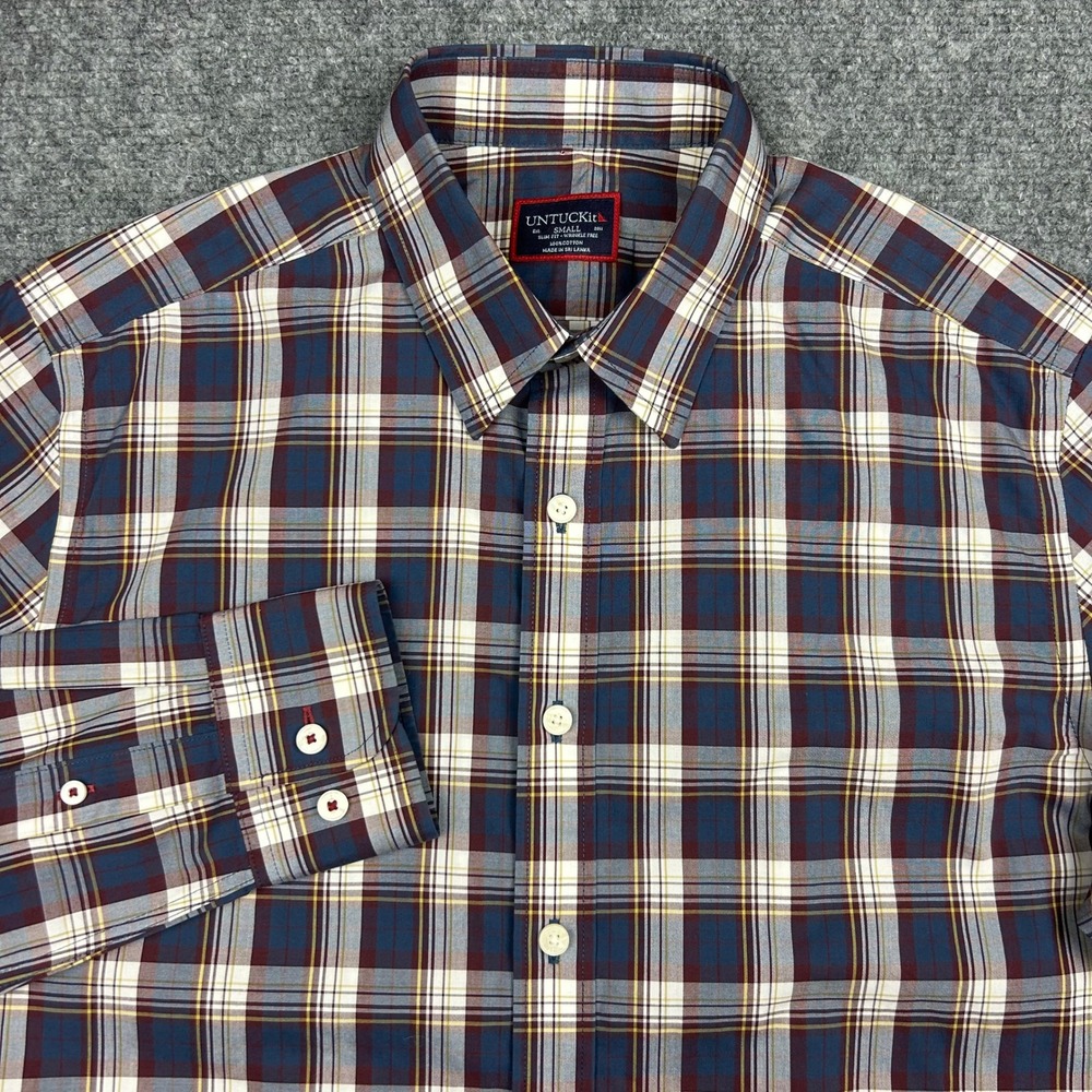UNTUCKit Barossa Shirt Men Small Navy Plaid Slim Fit Wrinkle Free Button Up